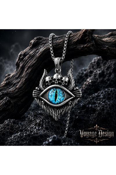 voyageaccessory Mavi Ejderha Gözü Kolye Gotik Kafatası Detaylı Paslanmaz Çeli...