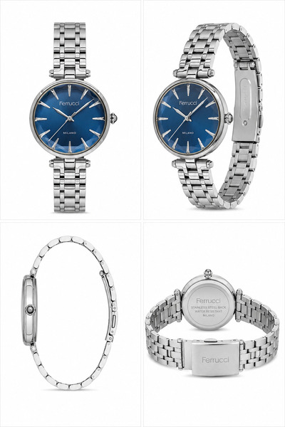 Ferrucci Milano Navy Blue Dial Silver Women's Wristwatch with Crystal Cut Glass Detail