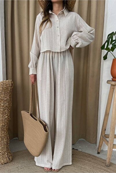 Suziş Gofre Short Shirt and Loose-Fit Elastic Waist Pants Set Di̇e8010