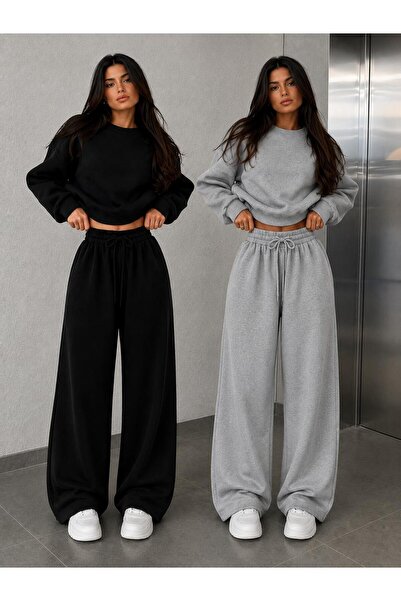 SULVERY 2 ADET SİYAH+GRİ KADIN COMFORT REGULAR BAGGY EŞOFMAN ALTI DÜZ PAÇA