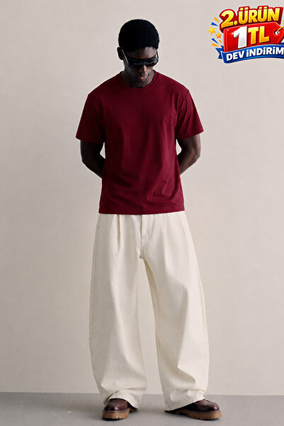 DAMGA JEANS Men's Regular Crew Neck Cotton Basic Claret Red T-Shirt