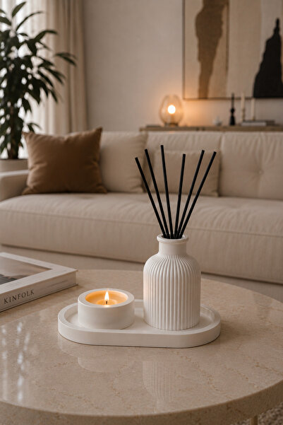 NİVORA HOME Vazo Mumluk Tepsi Seti Beyaz Minimalist Ev Dekorasyonu