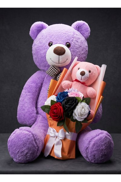 Linalux Gifts 90cm Purple Teddy Bear and Pink Teddy Bear Colorful Rose Bouquet Gift for Lover Gift for Wife Birthday Gift Apology Gift New Business Gift