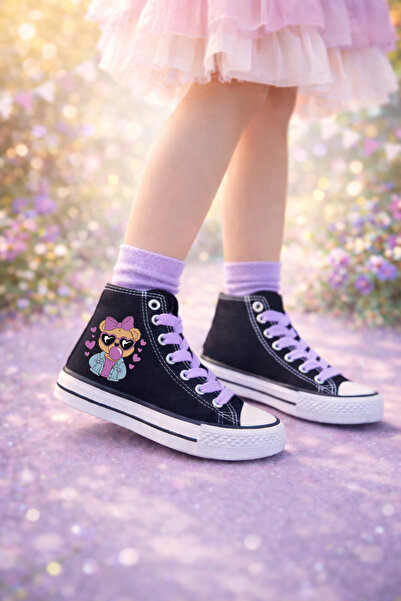 Ymn ayakkabı Ayıcık Lila Saç Tokalı Baskılı Lila Bağcıklı Bilekli Siyah Çocuk Sneaker