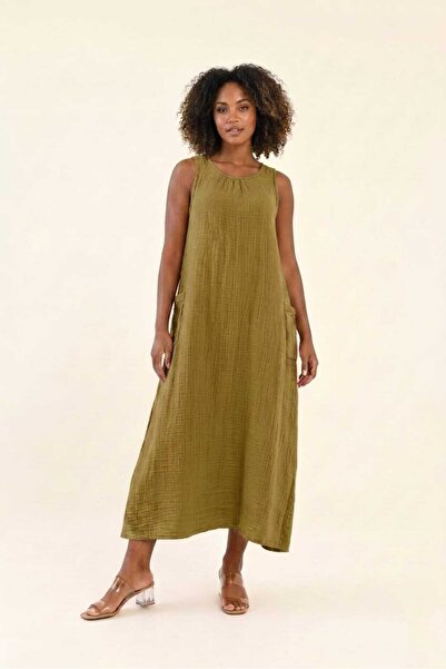 madam trend Oil Green Women's 100% Cotton Muslin Fabric Pocketed Sleeveless L...