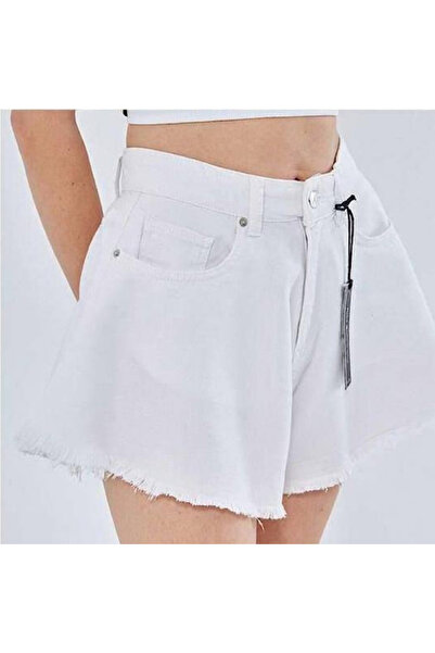 deqfashion Women's White High Waist Wide Leg Mini Shorts Cut-Out Detailed Den...