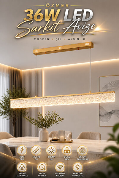 Elvora Home Modern (PREMİUM) Beton Görünümlü LED Sarkıt Avize Gold Kasa 3 Ren...