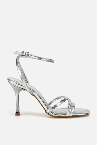 Yaya by Hotiç Women's Silver Cross-Strapped High Heeled Evening Dress Shoes