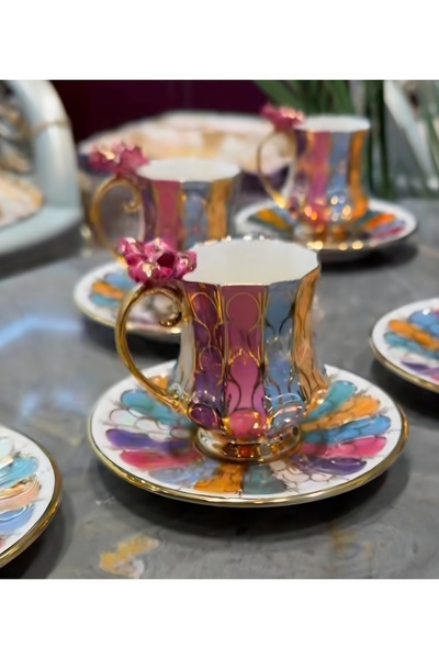 BY.RAYKA PORSELEN El Dekor Malina Porcelain Gullu Hand-Painted 6-Piece Cup Set