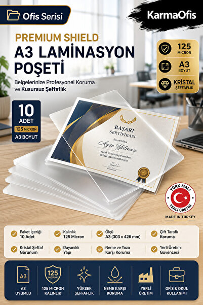 KarmaOfis 10 Adet A3 Laminasyon Poşeti 125 Micron Şeffaf Laminasyon Kağıdı Ye...