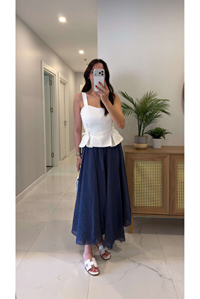 BİRCANÇİL Vode Navy Blue Asymmetrical Cut Lined Skirt