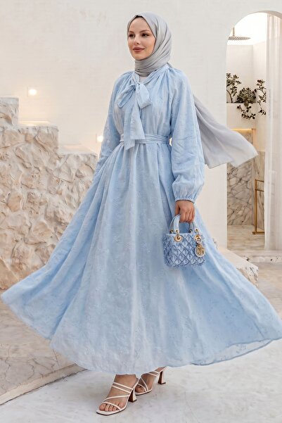 InStyle Baby Blue Embroidered Dress with Lace-Up Collar and Belt
