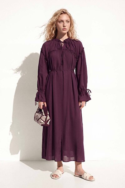 Hooopstore Drawstring Long Burgundy Dress