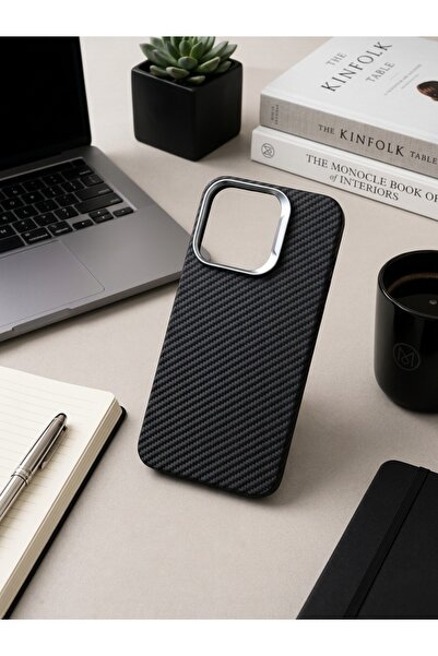 KZN TECH iPhone 15 Pro Uyumlu Karbon Görünümlü Kamera Korumalı Sert Kapak & K...