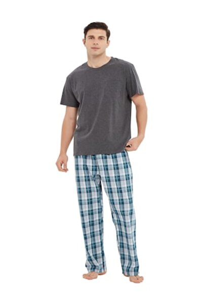 Global Pijama Barbat Bumbac, Tricou Maneca Scurta, Pantalon Lung, Model Bluza...