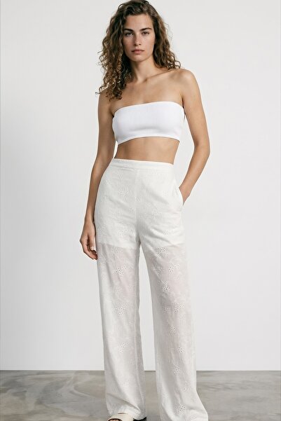 Quzu Patterned Straight Trousers Ecru