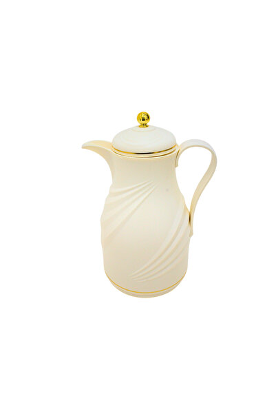 Al Nokhba Geometric Insulated Dallah Coffee Server, Creamy Beige with Gold Ac...