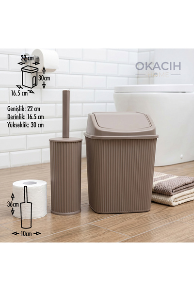 okacih Çizgili Banyo Aksesuar Seti - 2 Parça Modern Çöp Kovası ve WC Fırçası