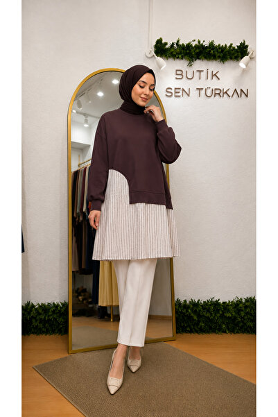 YAREN CLARA Plum Stripe Detailed Sweat Tunic Yrn-48
