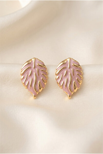 Pelin Aksesuar Pink Enamel Leaf Figured Gold Color Steel Nail Earrings