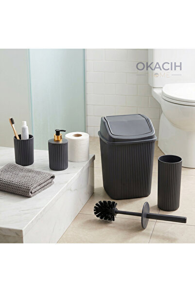 okacih Çizgili 4 Parça Banyo Aksesuar Seti - Antrasit Füme Lüks Sıvı Sabunluk...