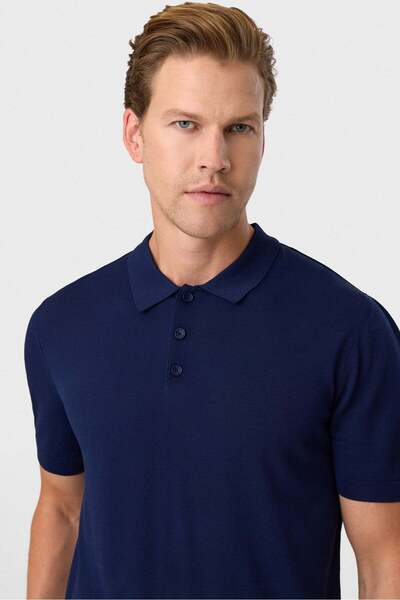 Back And Bond Navy Blue Regular Fit Polo Neck Knitwear T-Shirt