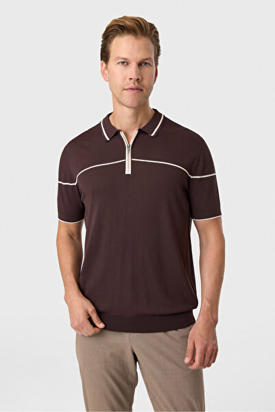 Back And Bond Brown Regular Fit Zippered Polo Collar Knitwear T-Shirt
