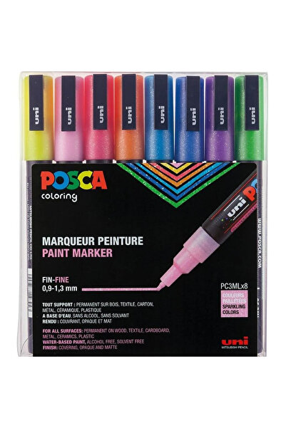 UNİ-BALL Posca 0.9-1.3 Water Based Poster Marker Glitter 8 Li Pc-3M/8C