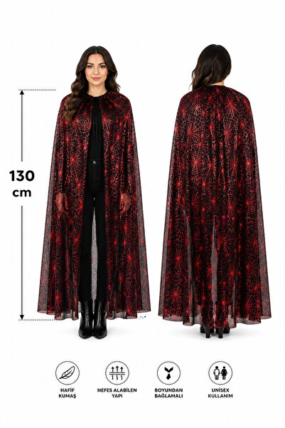 PARTİPORT Halloween Kırmızı Örümcek Ağı Desenli Pelerin 130 Cm Cadı Kostüm Pe...