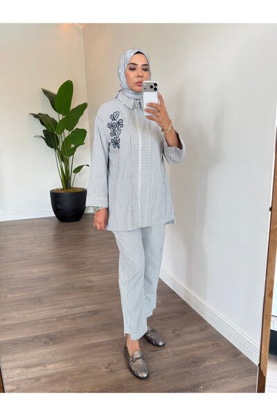 Moodbasic Nakış Detaylı Çizgili Takım - Lacivert