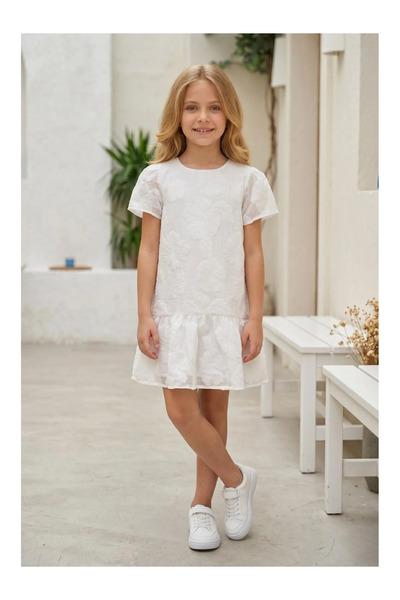 kidstalya Chiffon Fabric Ruffled White Dress