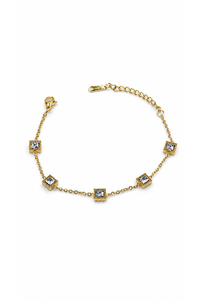 Zoe3 Style Women's Gold Color Square Stone Detailed Chain Steel Bracelet