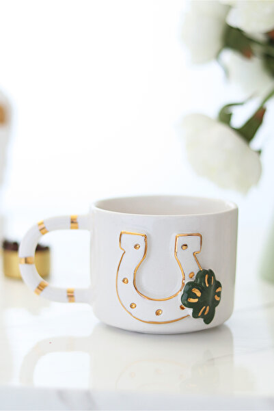 ada mia seramik Luck Gate, Handmade Ceramic Mug with Horse Figure 200ml 24K G...