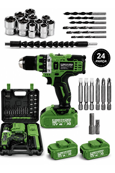 KİMMEER PLUS 12v 1.5 Ah Metal Şanzıman Çift Akülü Şarjlı 24 Parça Akülü YEŞİL...