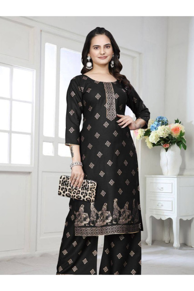 MYSMAR Black Rayon Foil Print Kurta Palazzo Set - HRT8019 | Black