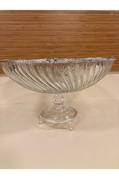 PLUS HOME Round Salad or Fruit Bowl with Stand Cutting Glass Casting Brass Co...