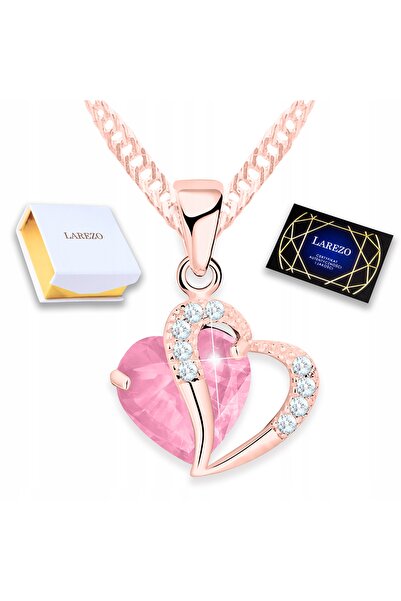 Larezo Colier Din Argint 925 Placat Cu Aur, Pandantiv Inima Cu Cristal Roz Si...