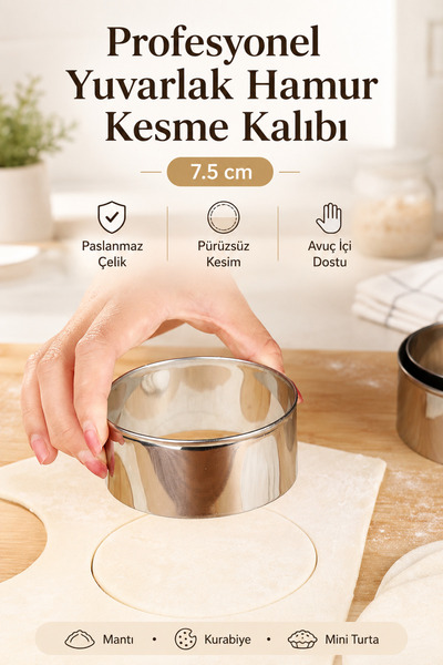 Yenilig Profesyonel Yuvarlak Hamur Kesme Kalıbı 7.5 cm – Paslanmaz Çelik Mant...