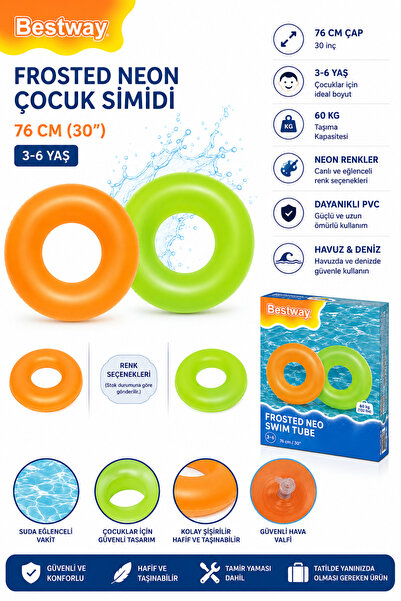 BESTWAY Frosted Neon Şişme Çocuk Simidi 76 cm – 3-6 Yaş – Neon Renkli Deniz v...