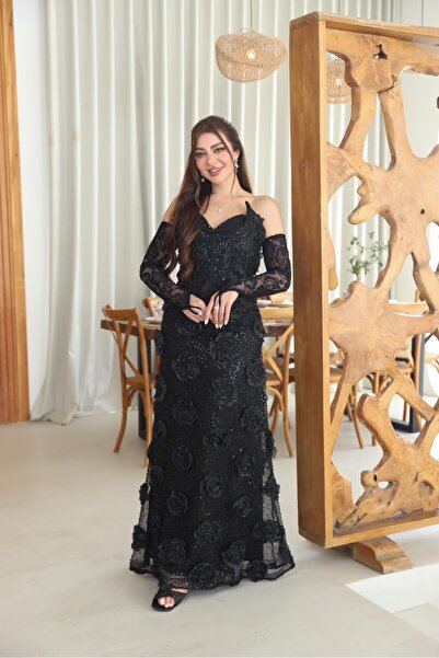 Nice Model Black Corset Sheath Evening Dress with Detachable Sleeves and Embo...