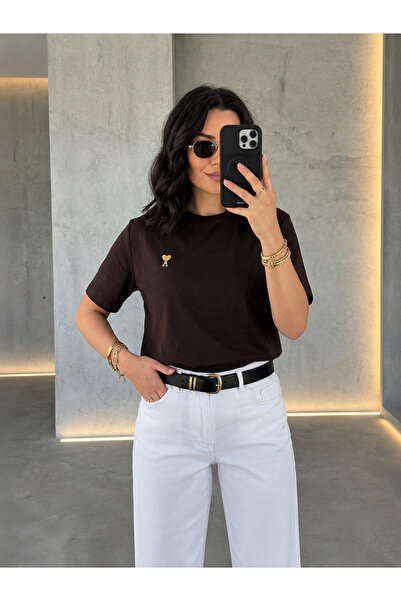 SOLEA TEKSTİL Gold Metal Kalpli T-shirt Kadın