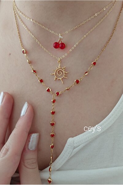 Cey's fashion ÇELİK Güneş Kolye SETİ Kırmızı kiraz kolye Kırmızı y kolye