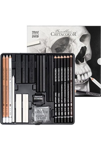 CretaColor Black & White Box Skull Edition Premium Çizim Seti 25 Parça Metal ...