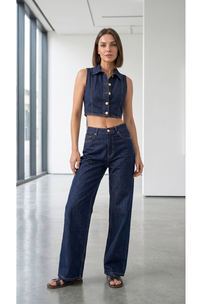 SOLİS MODA Set de denim pentru femei, cu top scurt și pantaloni evazați