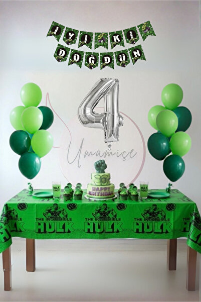 Umamiçe Hulk Themed 4Th Birthday Party Set – Tablecloth + Banner + 4 Number B...