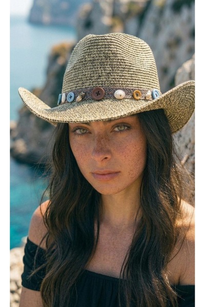 LAGRANZE Design Striped Chocuk Tepe Women's Straw Cowboy Hat