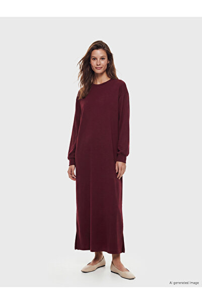LC Waikiki Burgundy Crew Neck Slit Sweat Dress