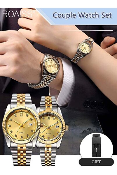 ROAISS Couple Quartz Watch Set Stainless Steel Strap Round Dial with Rhinesto...