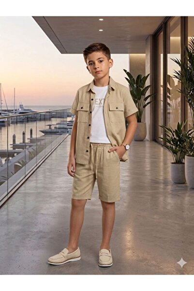 öykümgaleria Boy's Summer Tiril Tiril Breathable Fabric Stylish Linen 3-Piece...