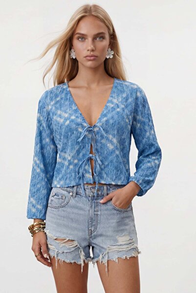 Trend Alaçatı Stili Women's blue v-neck cropped jacket with piping and front ...